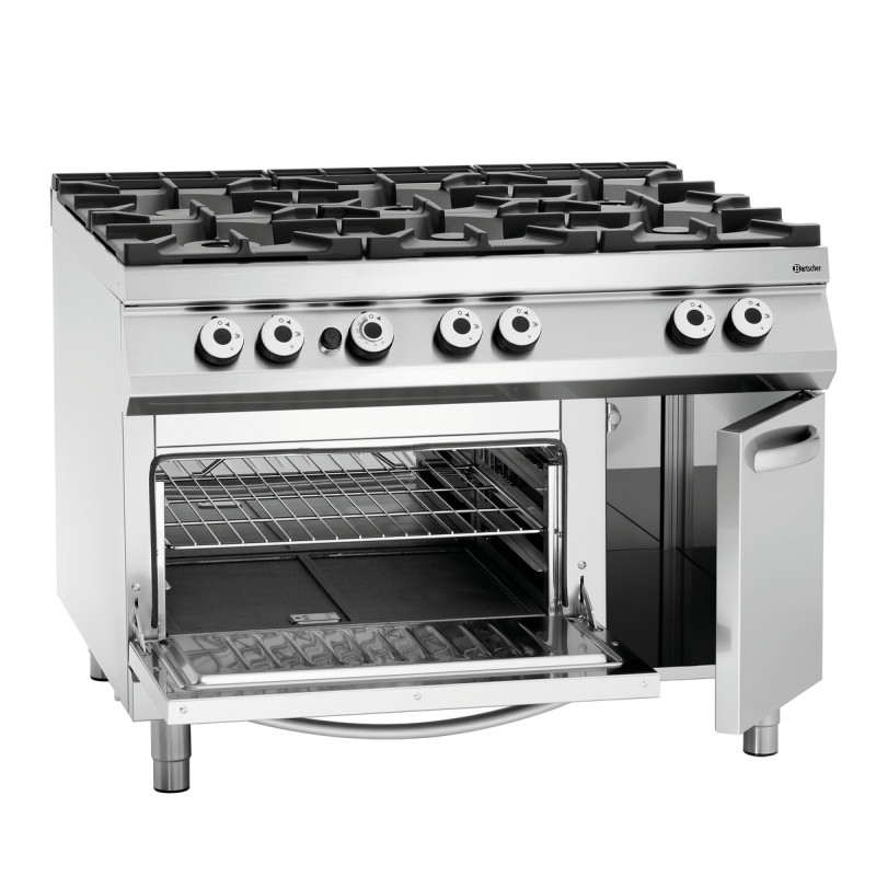Forno a 6 fuochi vivaci serie 900 - Forno a gas GN 2/1 e armadio del marchio Bartscher Forno a 6 fuochi vivaci serie 900 - Forno a gas GN 2/1 e armadio del marchio Bartscher