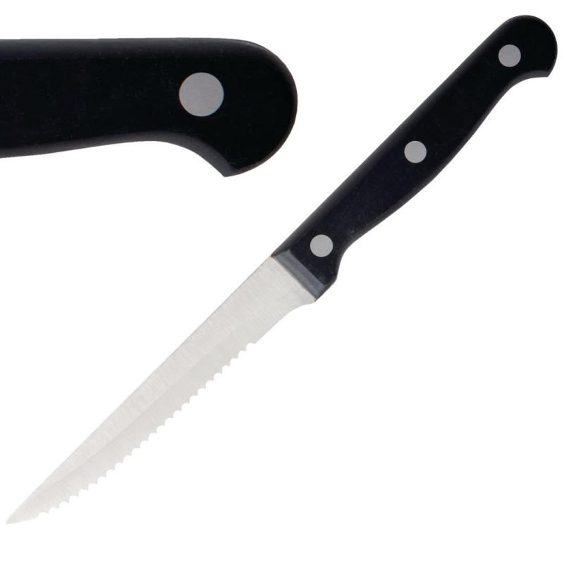 Coltello da carne con manico nero lama dentata 215 mm - Lotto da 12 - Olympia - Fourniresto Coltello da carne con manico nero lama dentata 215 mm - Lotto da 12 - Olympia - Fourniresto