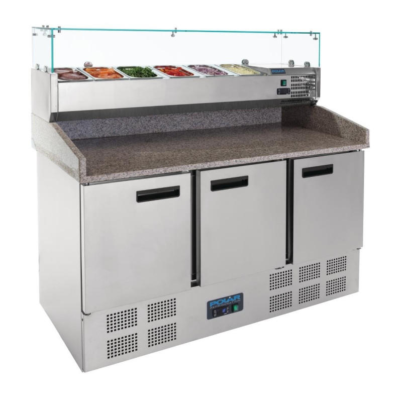 Bancone per la preparazione di pizza refrigerato a 3 ante 368 L - Polar - Fourniresto Bancone per la preparazione di pizza refrigerato a 3 ante 368 L - Polar - Fourniresto