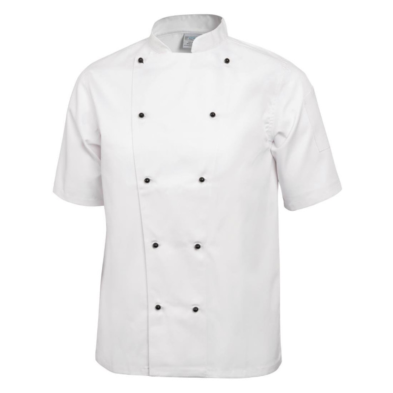 Giacca da cucina unisex Chicago a maniche corte bianca taglia L - Abbigliamento per chef bianco - Fourniresto Giacca da cucina unisex Chicago a maniche corte bianca taglia L - Abbigliamento per chef bianco - Fourniresto