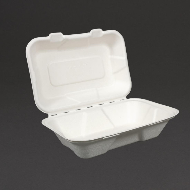 Scatole per pasti in bagassa con coperchio a cerniera - L 228mm - Lotto da 200 - Vegware Scatole per pasti in bagassa con coperchio a cerniera - L 228mm - Lotto da 200 - Vegware