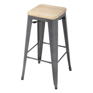 Sgabello Bistro Alto in Acciaio Grigio con Seduta in Legno - Set di 4 - Bolero