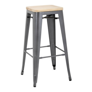 Sgabello Bistro Alto in Acciaio Grigio con Seduta in Legno - Set di 4 - Bolero