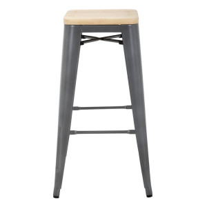 Sgabello Bistro Alto in Acciaio Grigio con Seduta in Legno - Set di 4 - Bolero