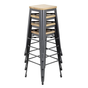 Sgabello Bistro Alto in Acciaio Grigio con Seduta in Legno - Set di 4 - Bolero