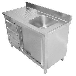 Mobile Lavello 1 Vasca con Alzatina e 3 Cassetti - 1200 x 600 mm - Vasca a Destra - Dynasteel