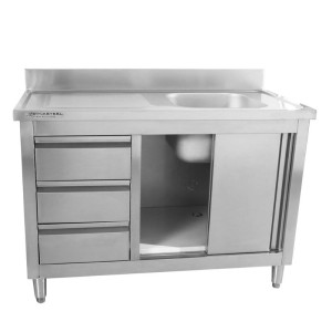 Mobile Lavello 1 Vasca con Alzatina e 3 Cassetti - 1200 x 600 mm - Vasca a Destra - Dynasteel