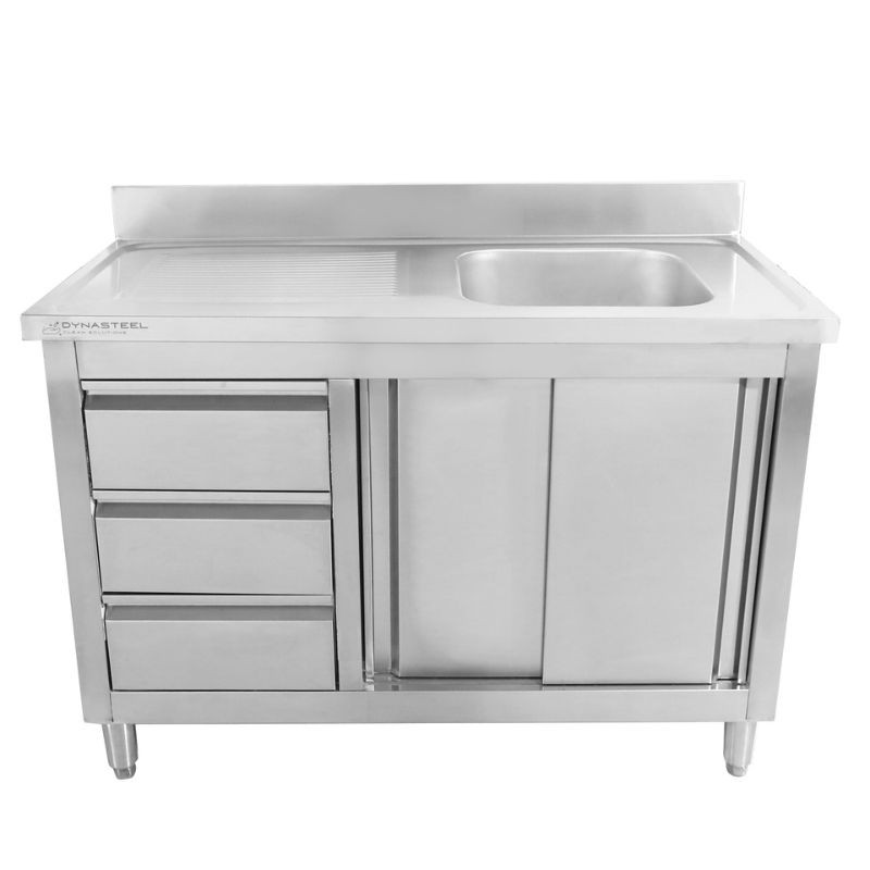 Plonge Unit 1 Bowl with Backsplash and 3 Drawers - 1200 x 600 mm - Bowl on Right - Dynasteel Plonge Unit 1 Bowl with Backsplash and 3 Drawers - 1200 x 600 mm - Bowl on Right - Dynasteel