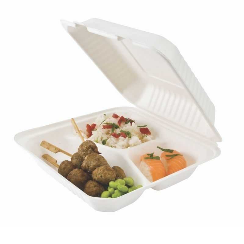 Scatola pranzo in bagassa 3 scomparti - Lotto da 50 Scatola pranzo in bagassa 3 scomparti - Lotto da 50