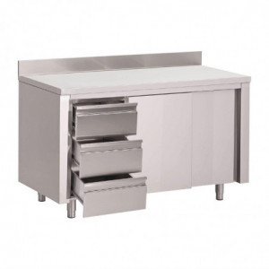 Tavolo Armadio in Acciaio Inox con Schienale 3 Cassetti a Sinistra e Porte Scorrevoli-L 1200 x P 700mm - Gastro M