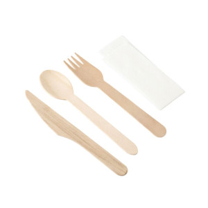 Set di 4 Pezzi - Posate in Legno Dynasteel: Coltello, Forchetta, Cucchiaio Grande, Tovagliolo - Confezione da 500